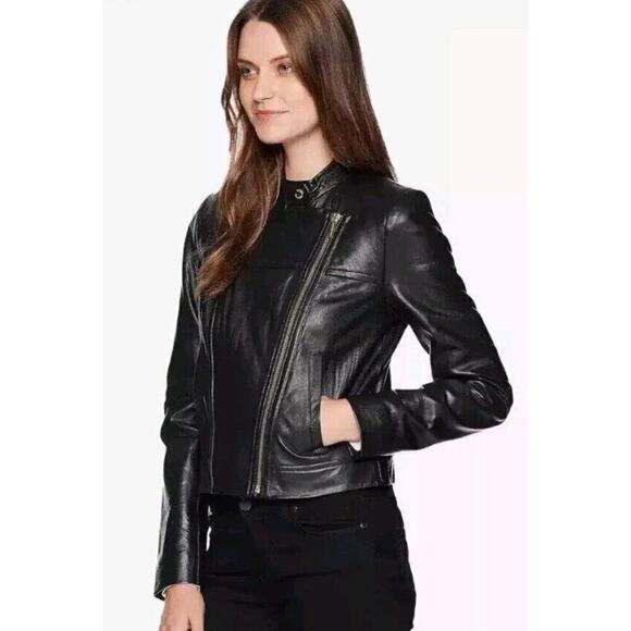 MICHAEL KORS ~Woman Size S~ Black Genuine Leather Moto Biker Jacket Zip-Up. - Picture 1 of 9